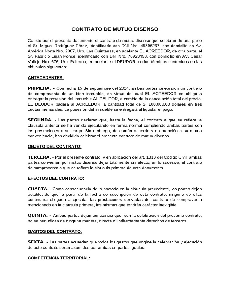 Contrato de Mutuo Disenso 1 | PDF | Pagos | Derecho civil (sistema legal)