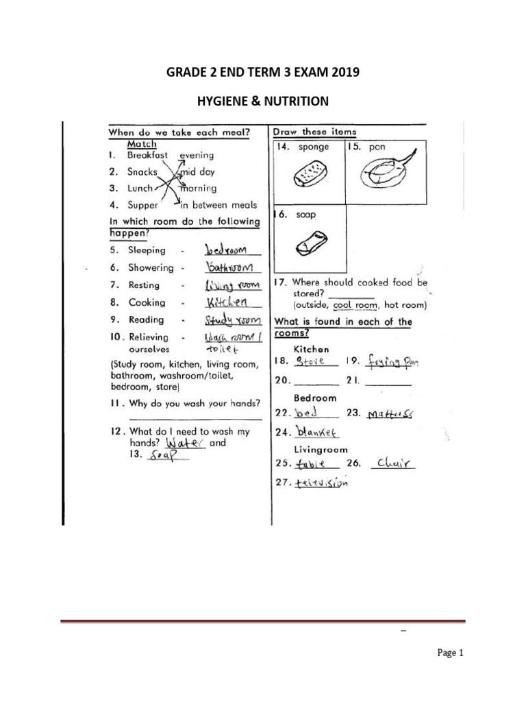 Answers Primary 2019 Grade 2 End Term 3 Hygiene Nutrition Activities ...