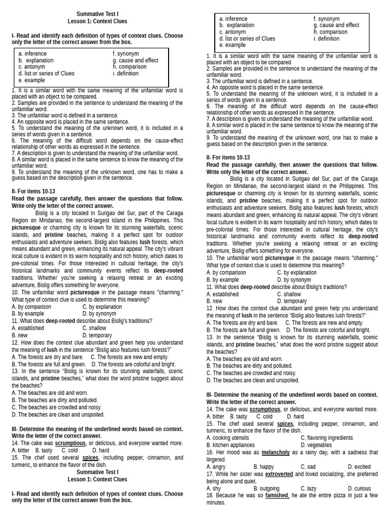 Context Clues Summative Test Guide | PDF