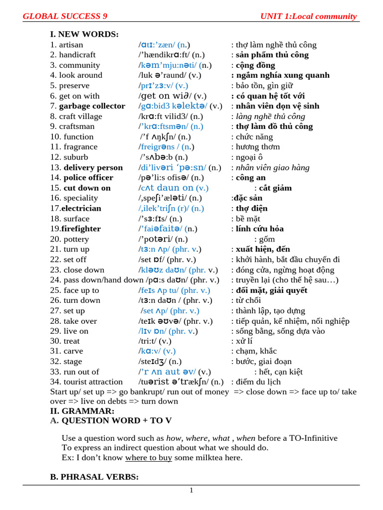 Phrasal Verbs in Global Success 9 Unit 1 | PDF | Language Arts & Discipline