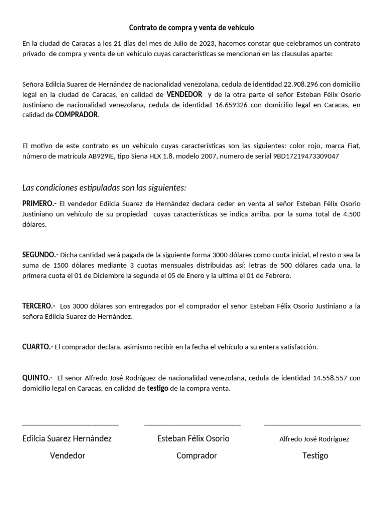 Contrato de Compra y Venta Del Vehiculo | PDF