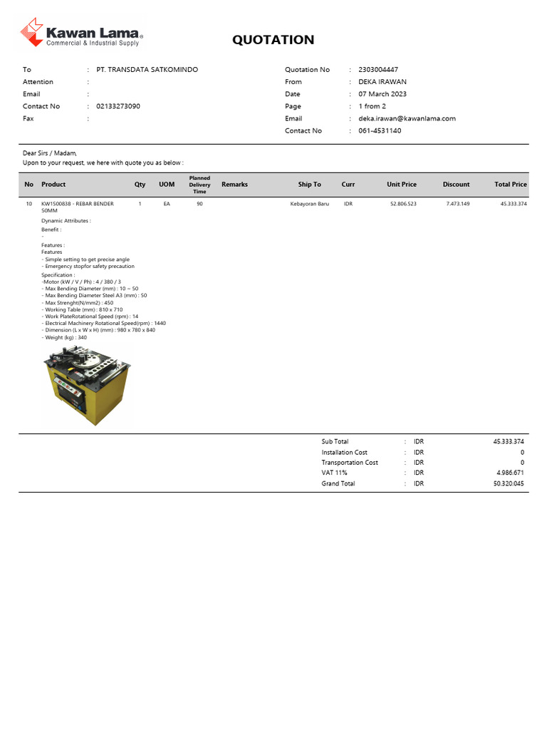 Quotation for Rebar Bender Machine | PDF