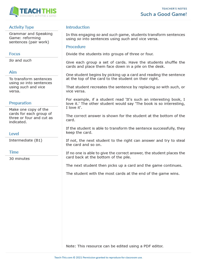 So and Such Sentence Transformation Game | PDF
