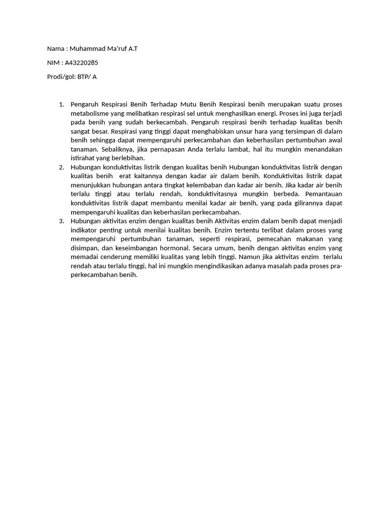 Pengaruh Respirasi dan Enzim pada Kualitas Benih | PDF