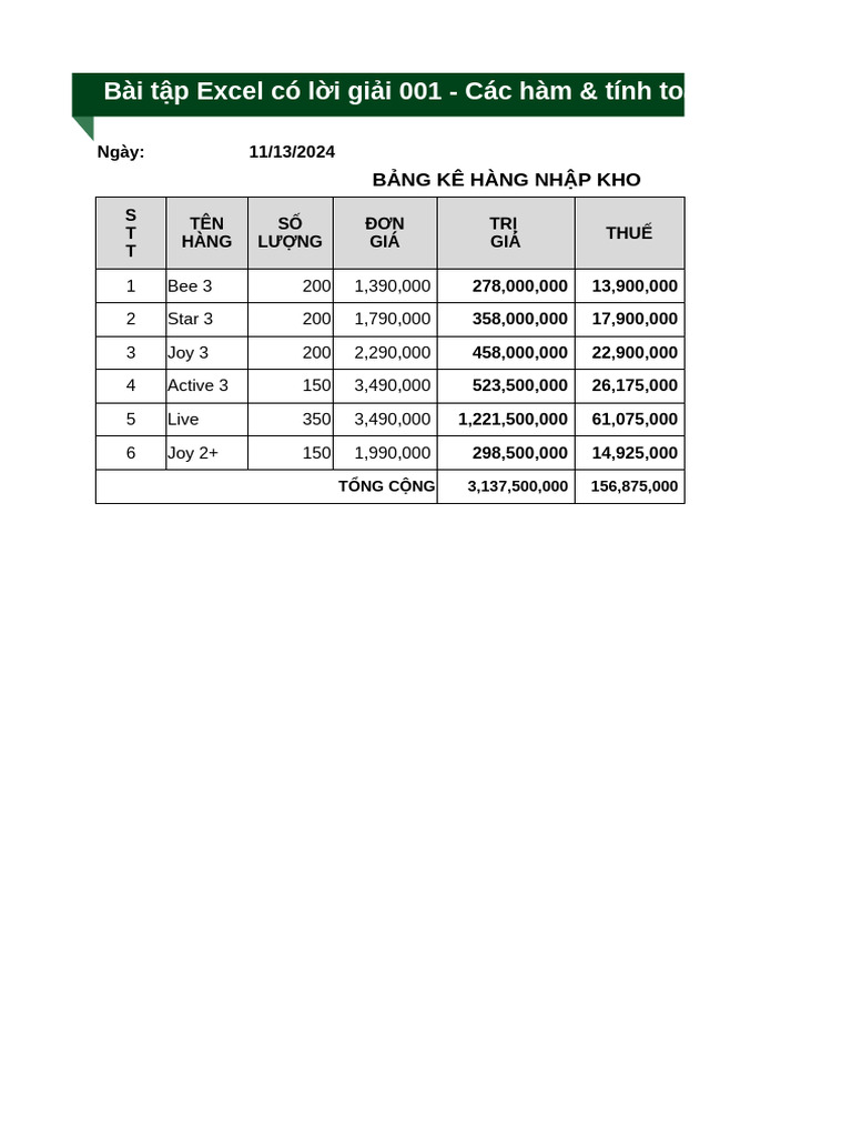 Bai Tap Excel 001 | PDF