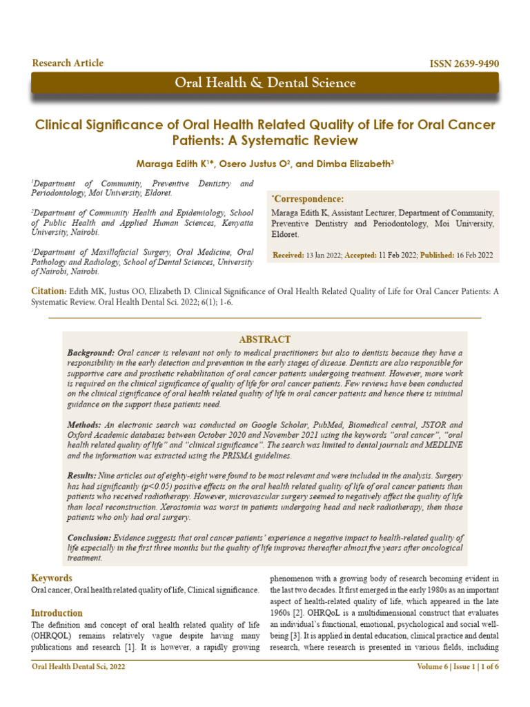 Clinical Significance of Oral Health Related Quality of Life For Oral ...