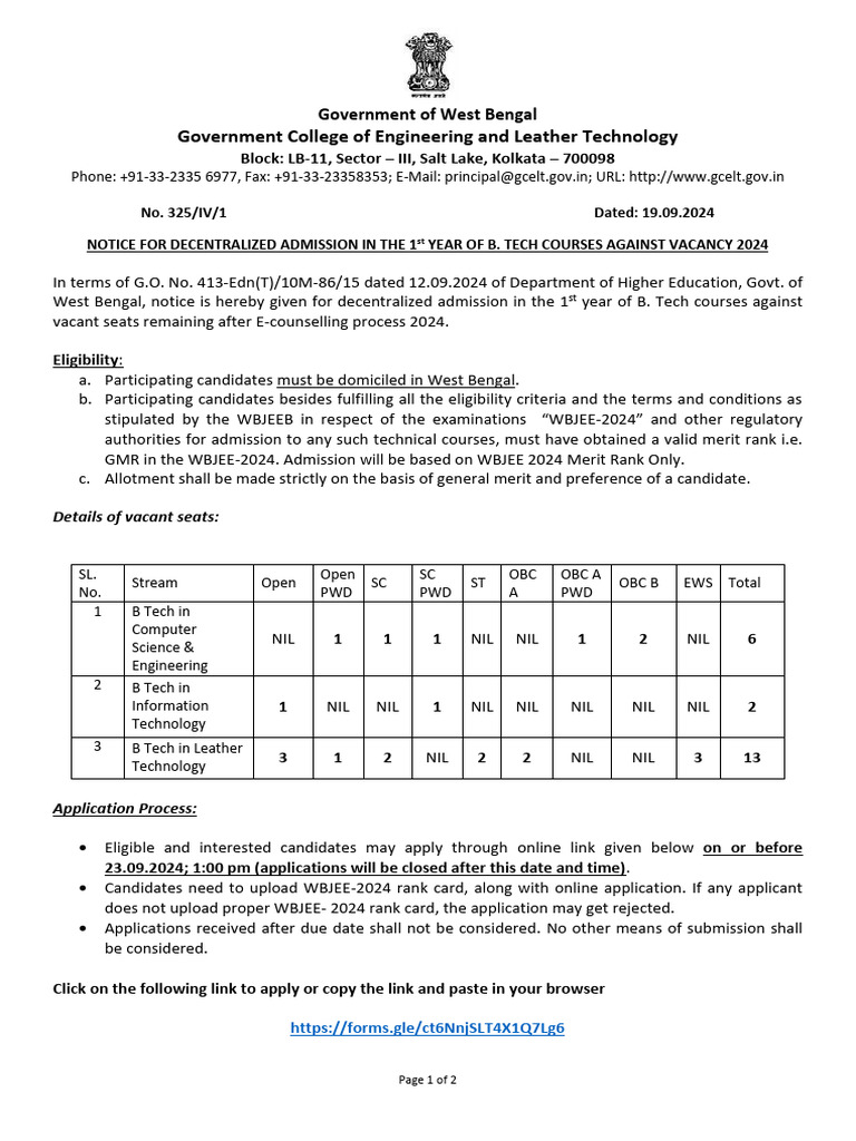 Btech 1st Yr Decentralized 2024 Notice | PDF