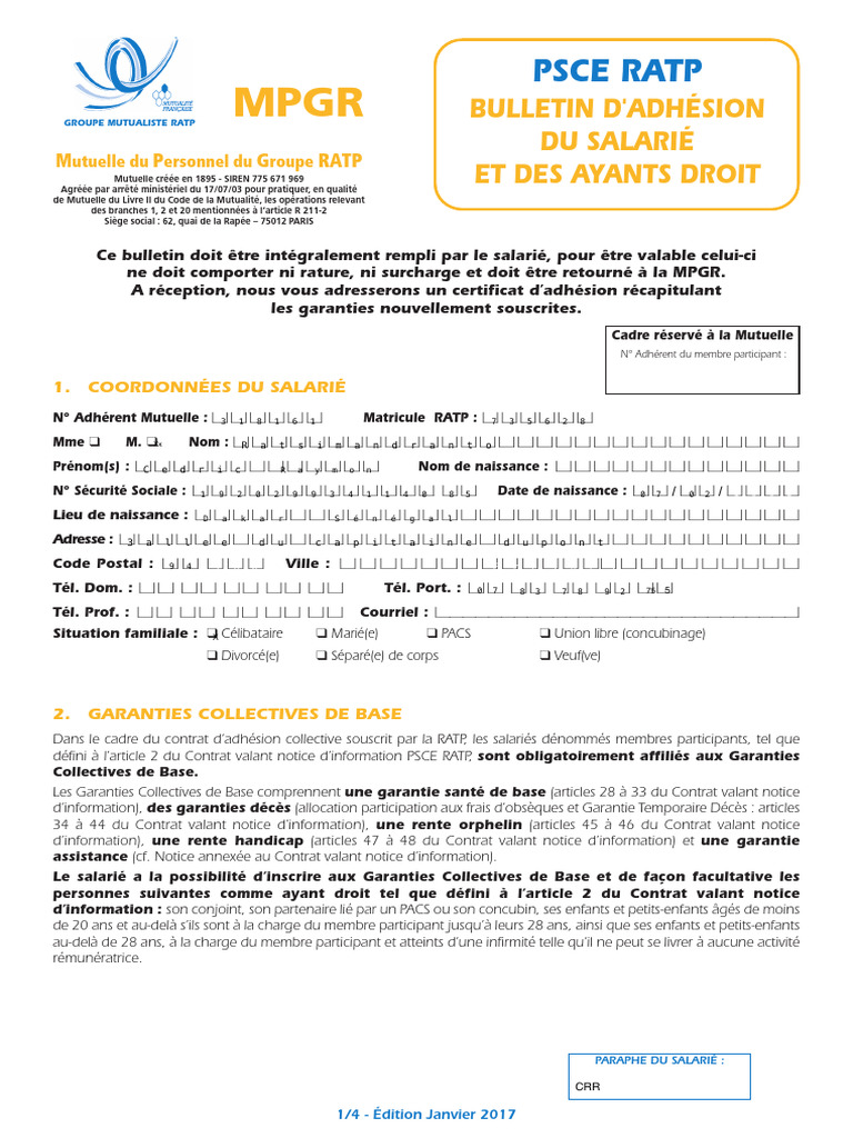 Bulletin d'adhésion à la mutuelle RATP | PDF | Certificat de naissance ...