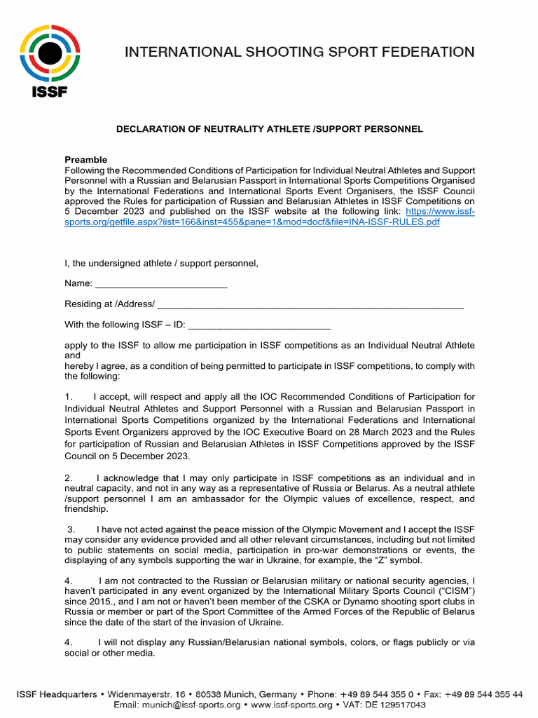 ISSF Declaration of Neutrality Form | PDF | Belarus | Justice