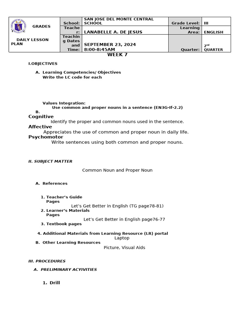 Grade 3 English Lesson Plan: Nouns | PDF | Human Communication | Learning
