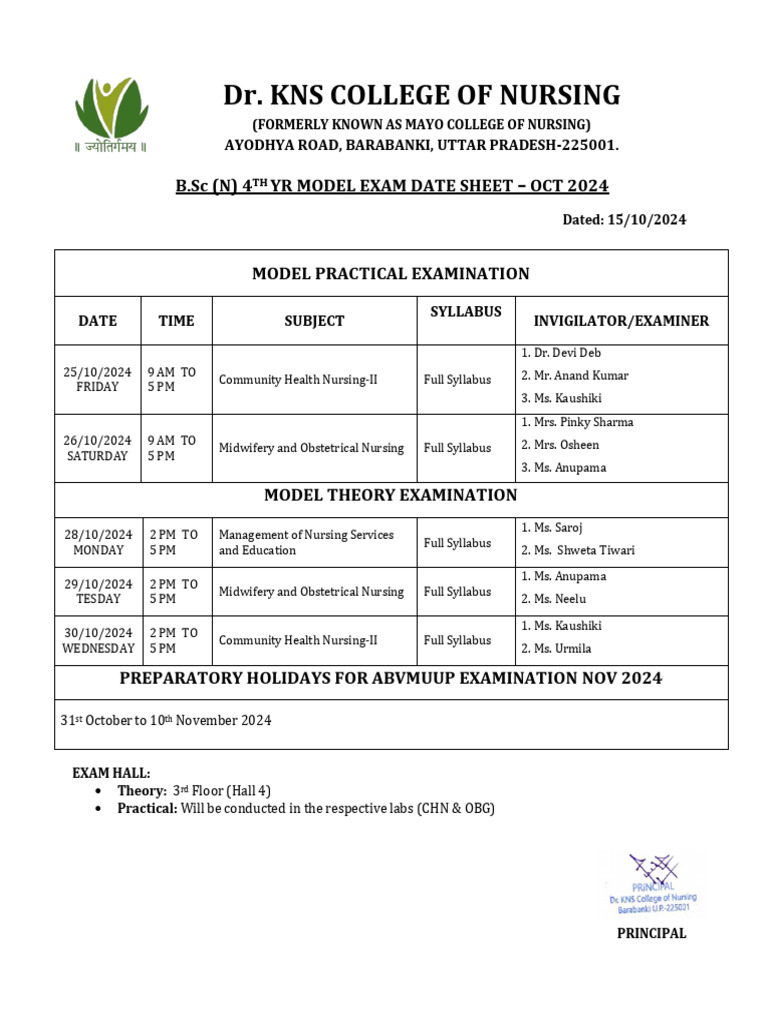 B.Sc Nursing 4th Year Exam Schedule 2024 | PDF