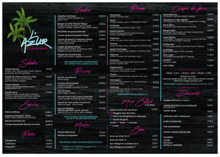 Menu du Restaurant Azur Rivage | PDF | Crème fouettée | Cuisine italienne