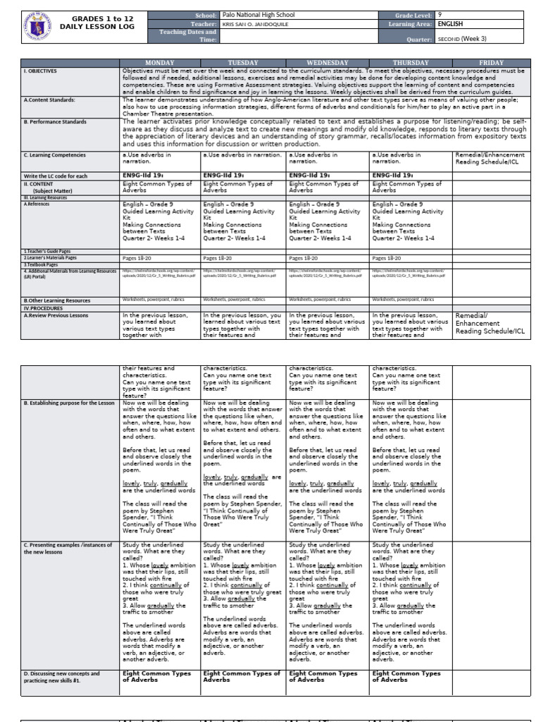Grade 9 English Daily Lesson Log | PDF | Mentorship | Curriculum