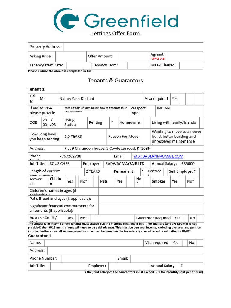 Lettings Offer Form Template | PDF | Leasehold Estate | Landlord