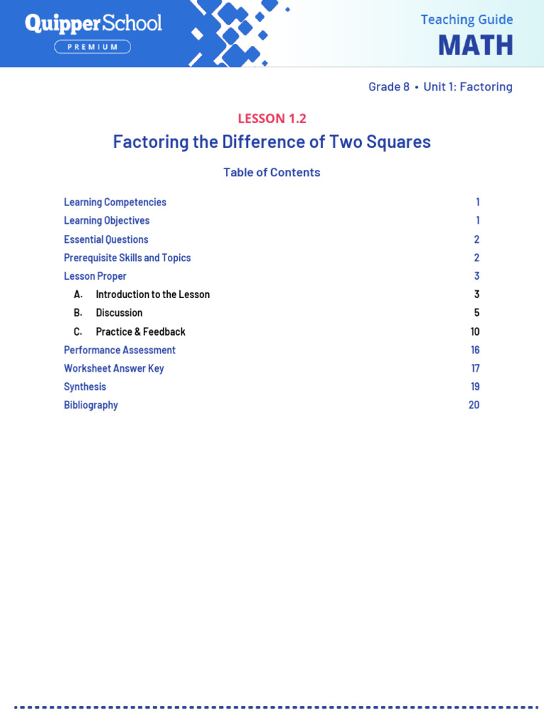Factoring Difference of Two Squares Guide | PDF | Factorization ...