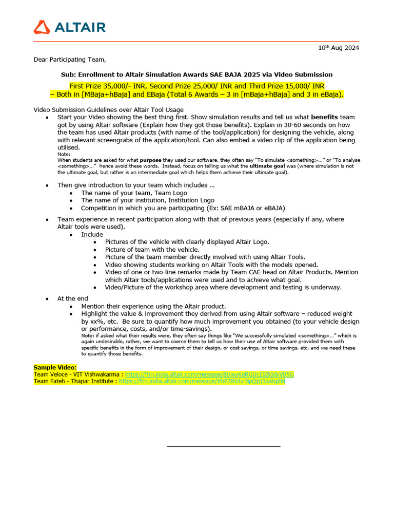 Altair Simulation Awards For BAJA SAEINDIA2025 | PDF | Computing