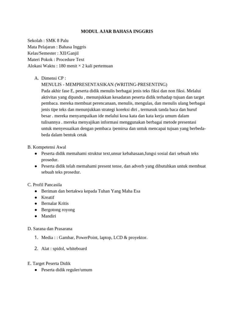 Modul Ajar Procedure Text | PDF