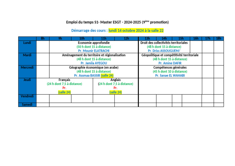 Emploi du temps Master ESGT 2024-2025 | PDF