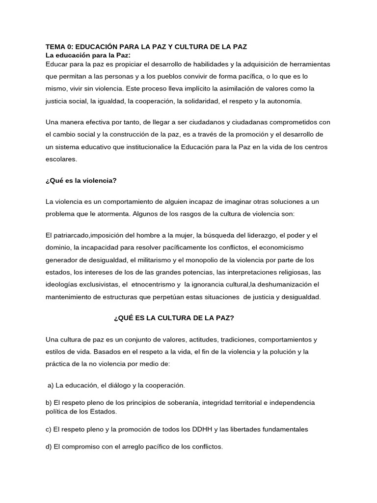 Tema 0: Educación para La Paz y Cultura de La Paz | PDF | Paz | Violencia