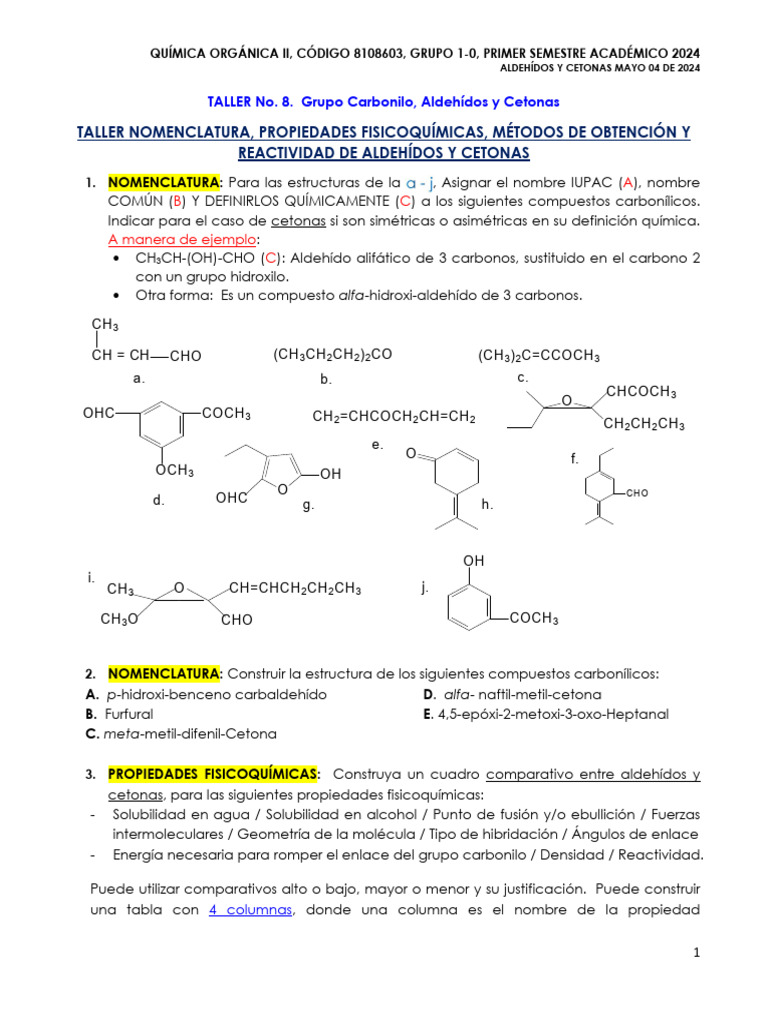 Taller 8. Aldehídos y Cetonas | PDF | Cetona | Aldehído
