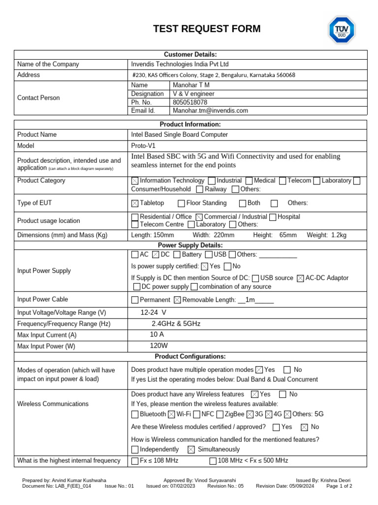 Test Request Form for Intel SBC | PDF | Power Supply | Wireless