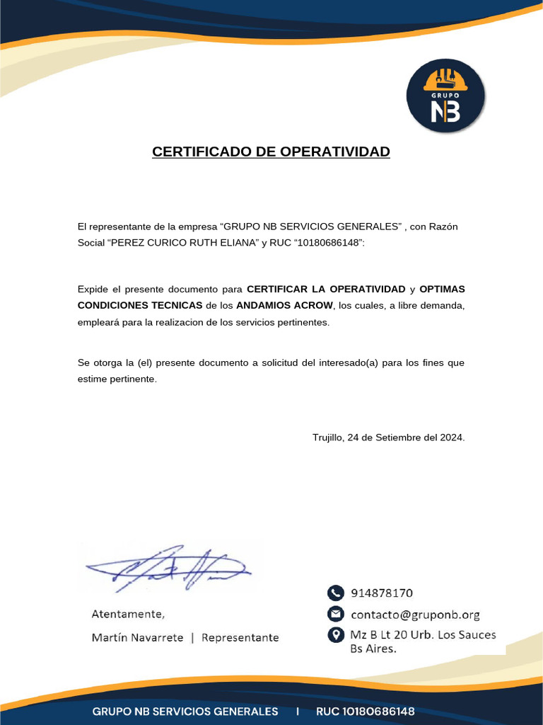 Certificado de Operatividad de Andamios | PDF