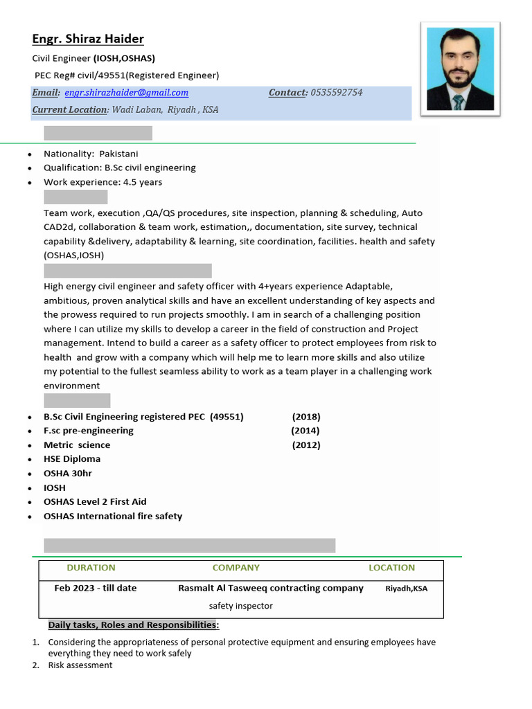 Profile of Eng. Shiraz Haider | PDF | Safety | Occupational Safety And ...