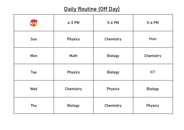 Daily Routine (Off Day) : 4-5 PM 5-6 PM 5-6 PM | PDF | Science ...
