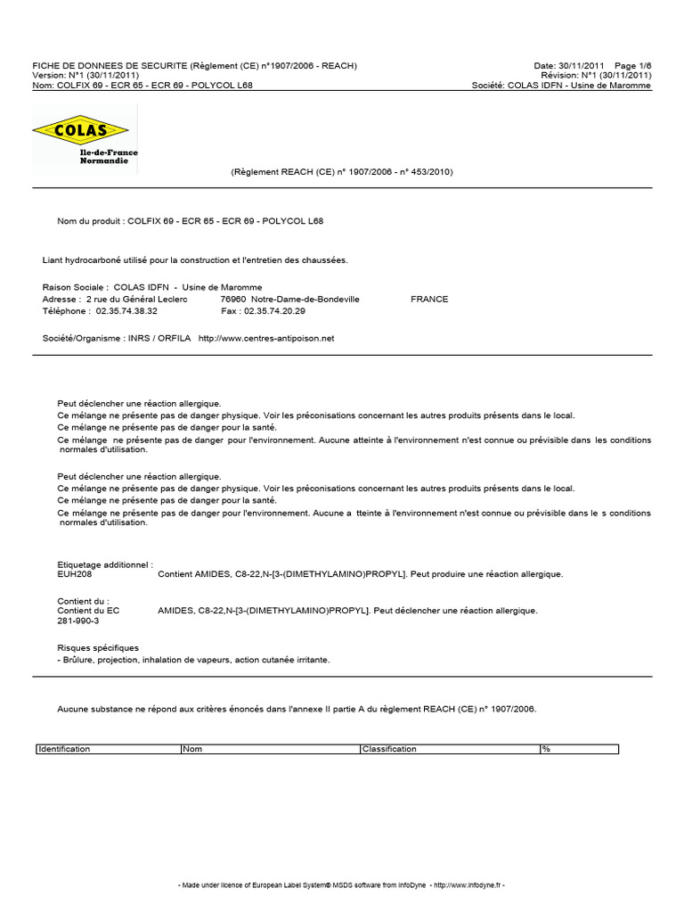 Fiche de sécurité COLFIX 69 - REACH | PDF | Sécurité | Santé et ...