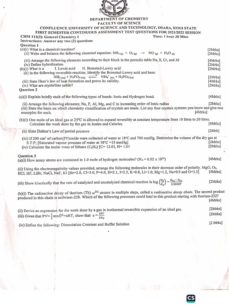 100 Level Past Question For Custech | PDF