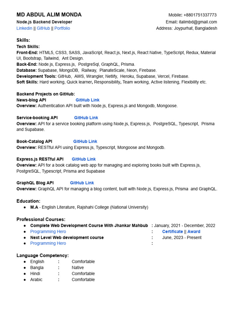 Resmume Nodejs Developer PDF