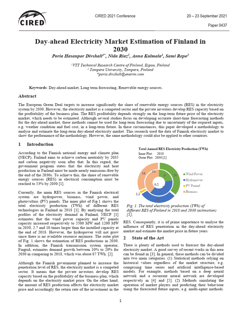 Day Ahead Electricity Market Estimation of Finland in 2030 | PDF ...