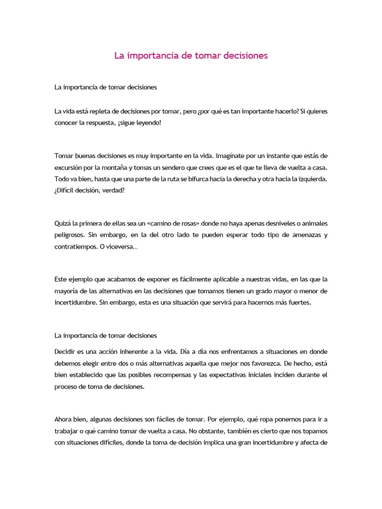 La importancia de tomar decisiones | PDF | Toma de decisiones | Ansiedad
