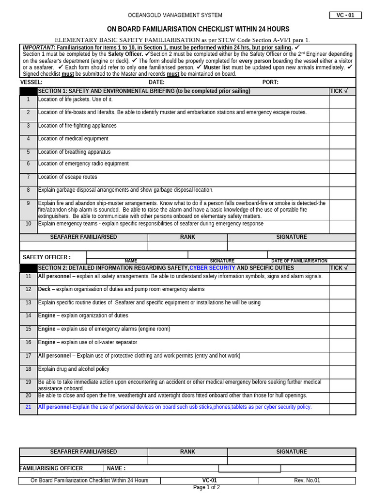 VC-01 - 01 (On Board Familiarisation Checklist Within 24 Hours) | PDF ...