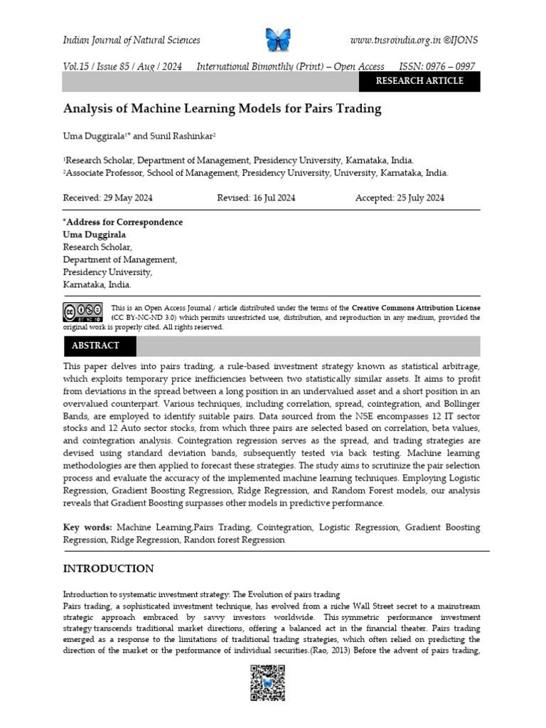 Machine Learning in Pairs Trading Analysis | PDF | Regression Analysis ...