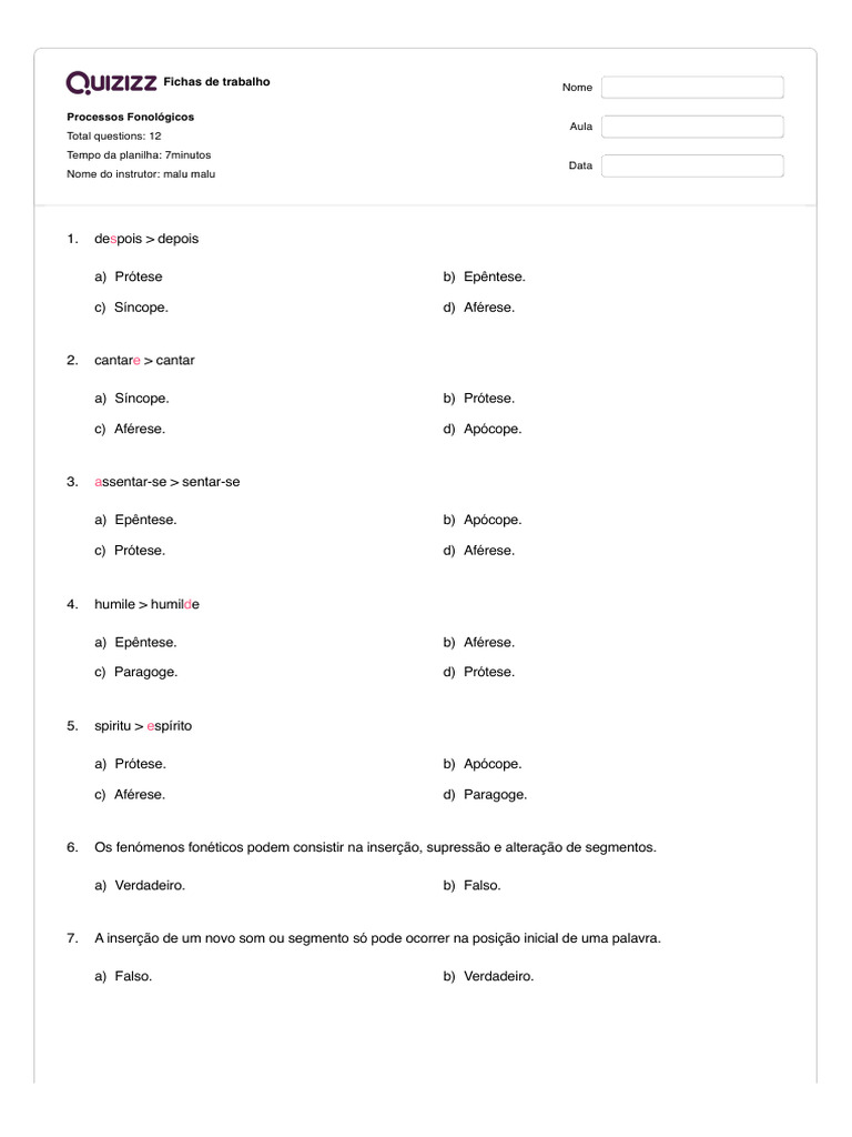Fichas de Processos Fonológicos | PDF | Artes Linguísticas e Disciplina