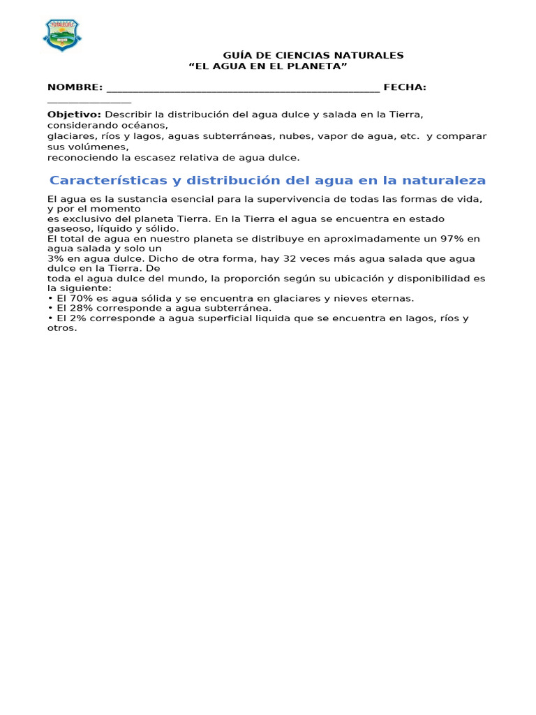 GUÍA DE CS NAT 5°el Agua en El Planeta | PDF | Agua | Agua dulce