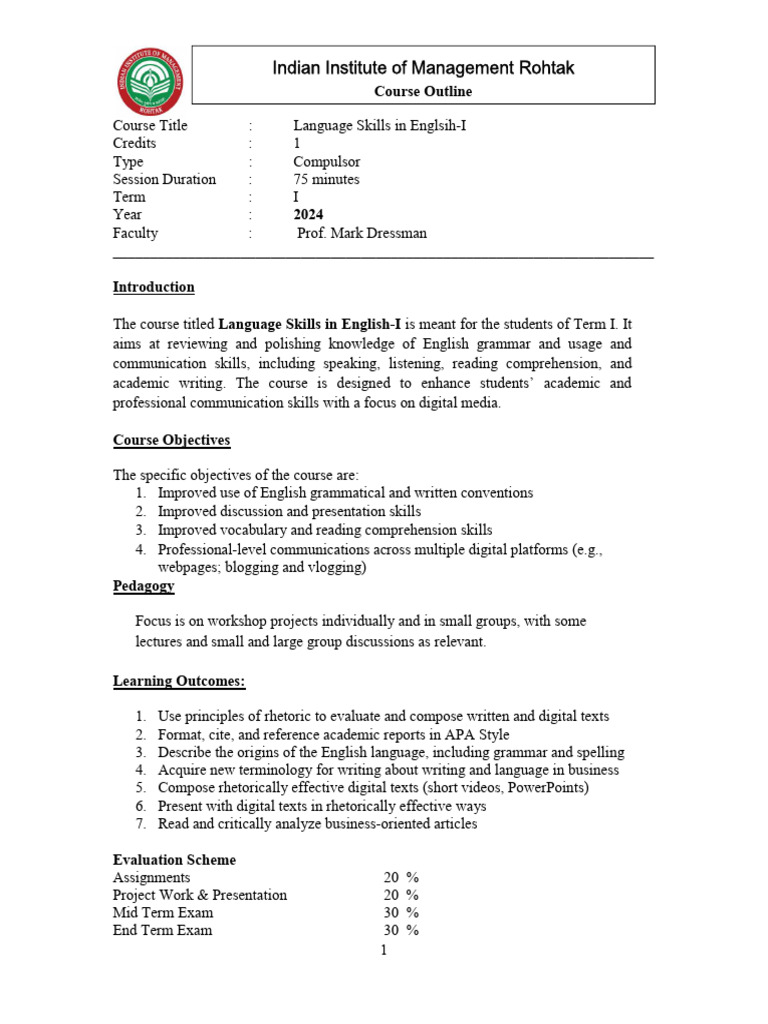 Spoken English Course Outline Pdf