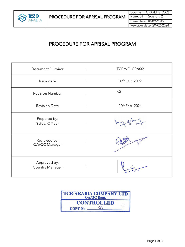 Picture of TCR EHSP 02. Appraisal Procedure | PDF | Performance Appraisal | Employment