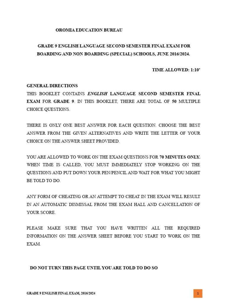 Grade 9 English Final Exam 2016 | PDF | Cognition | Cognitive Science