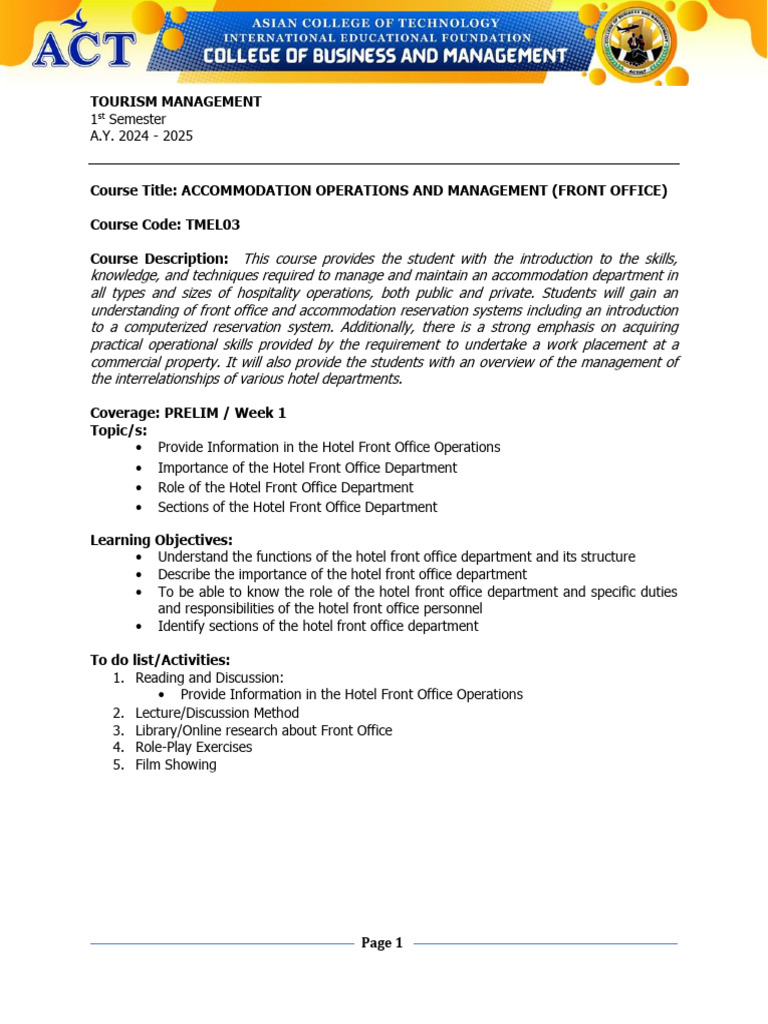 Front Office Operations Overview | PDF