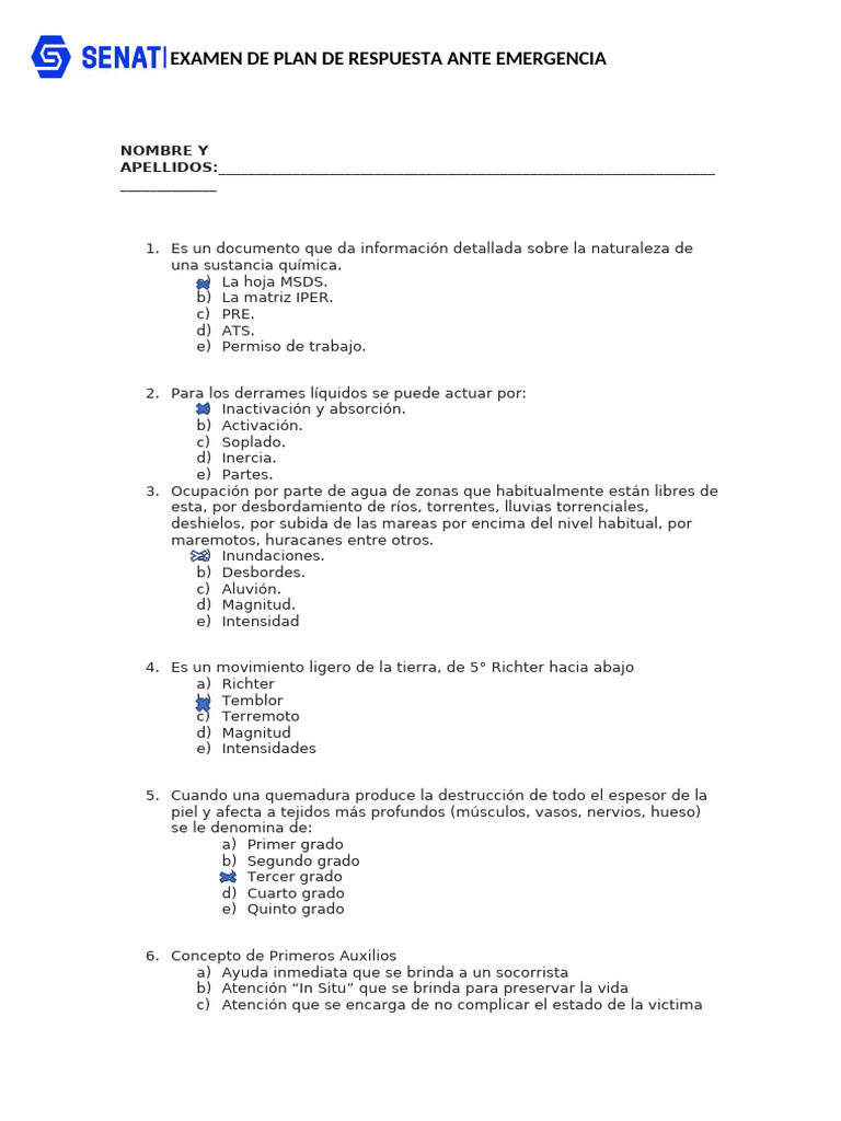 Examen de Plan de Emergencia y Primeros Auxilios | PDF | Tsunami ...