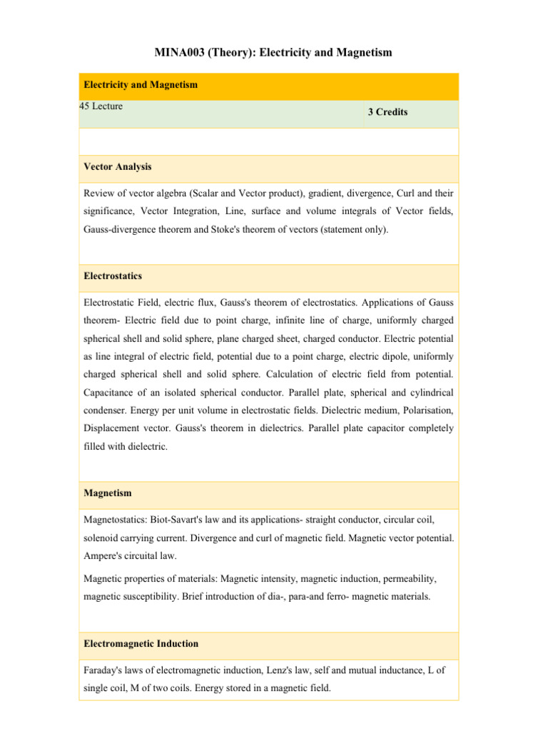Electricity and Magnetism Course Overview | PDF | Magnetic Field ...