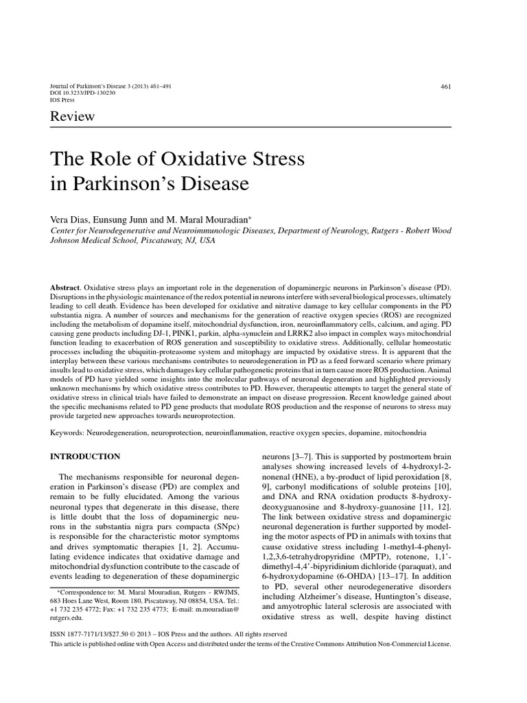 The Role of Oxidative Stress in Parkinson's Disease | PDF | Glutathione ...