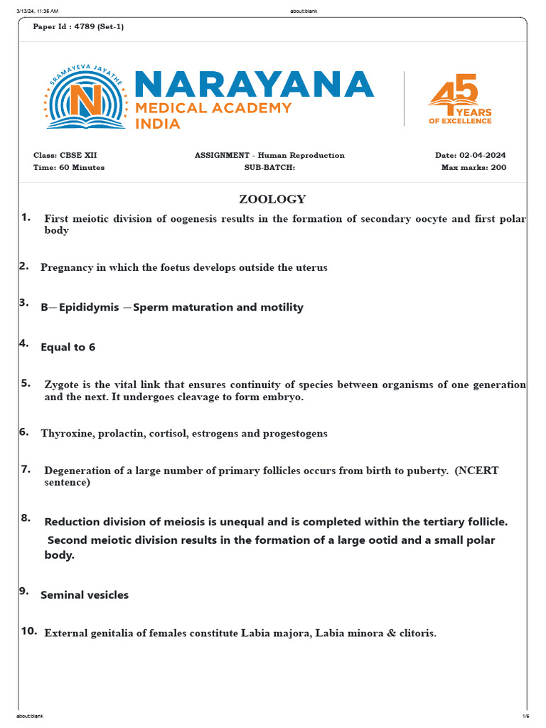 Assignment - Human Reproduction (4789) - Solution | PDF | Menstrual ...
