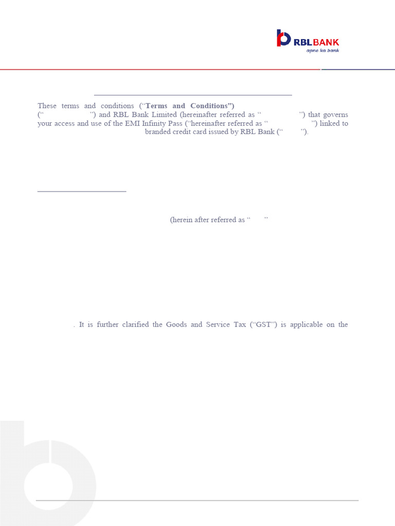 RBL Bank EMI Infinity Pass Terms | PDF | Credit Card | Indemnity