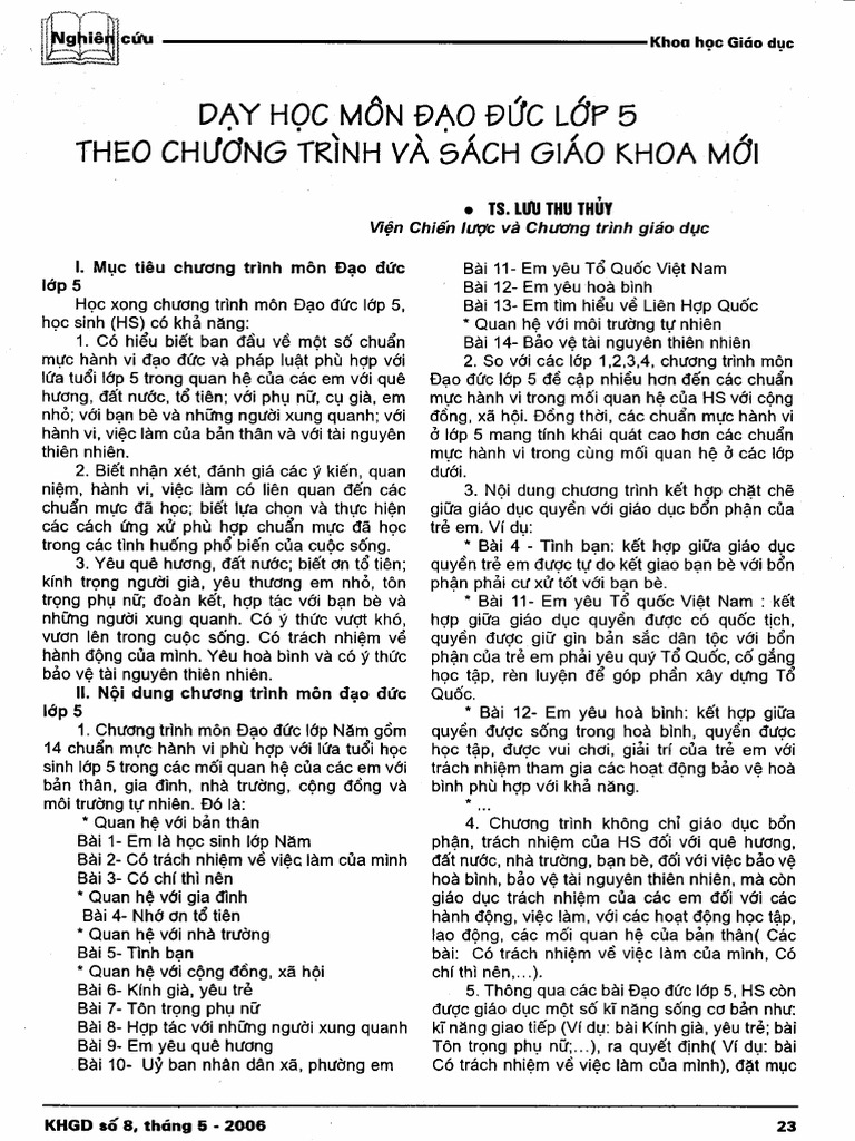 Day Hoc Mon Dao Duc Lop 5 Theo Chuong Trinh Va Sach Giao Khoa Moi | PDF