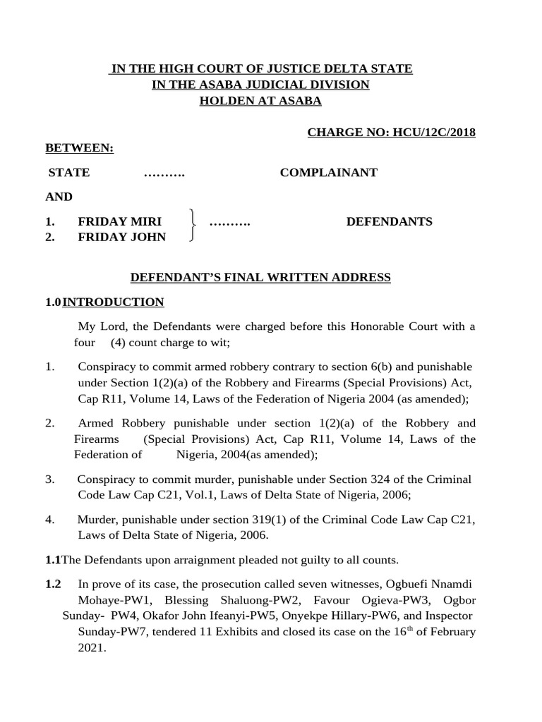 Defendants' Final Written Address in Court | PDF | Burden Of Proof (Law ...