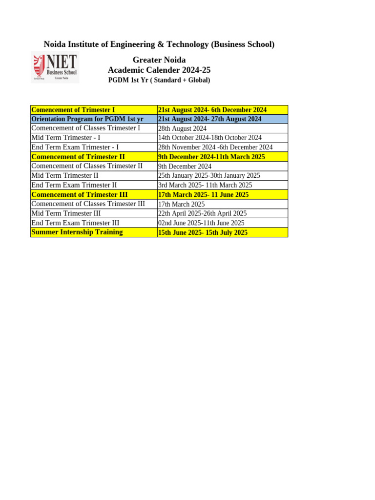 NIET PGDM Academic Calendar 2024-25 | PDF | Academic Term | Educational ...