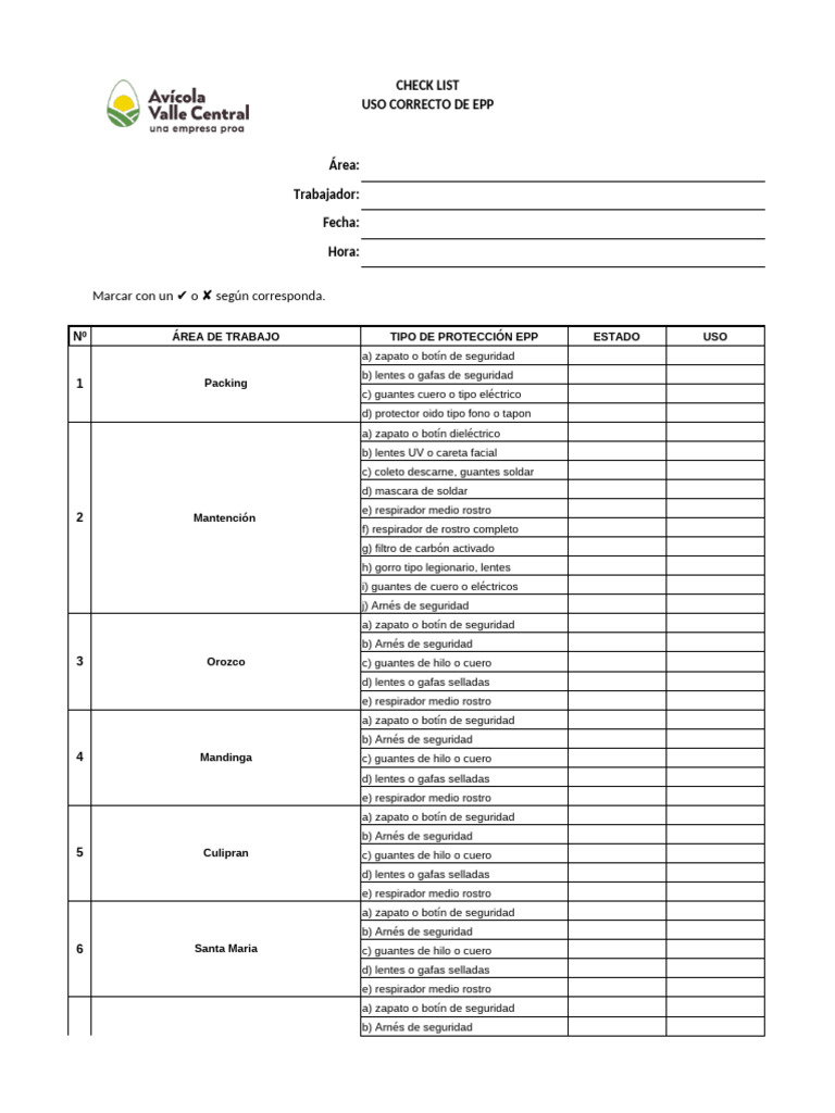 Checklist de Uso de EPP en Trabajo | PDF | Cuerpo humano | La seguridad
